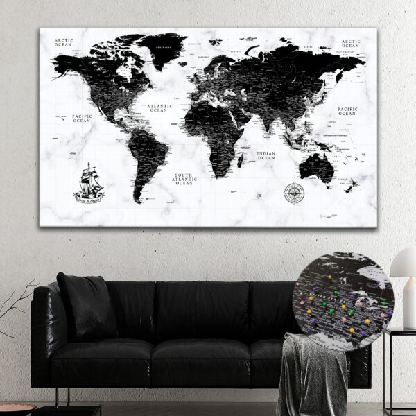 black and white push pin world map