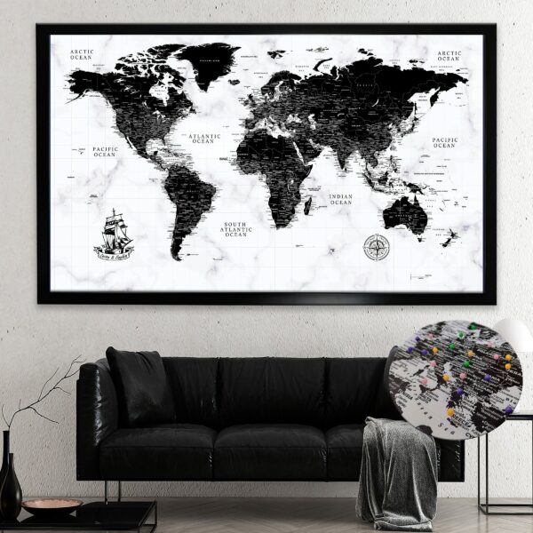 black and white push pin world map framed