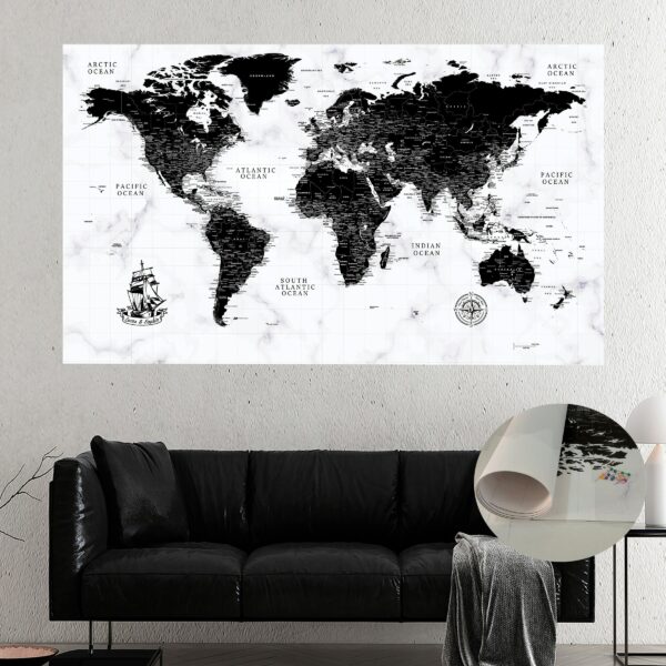 black and white world map rolled print