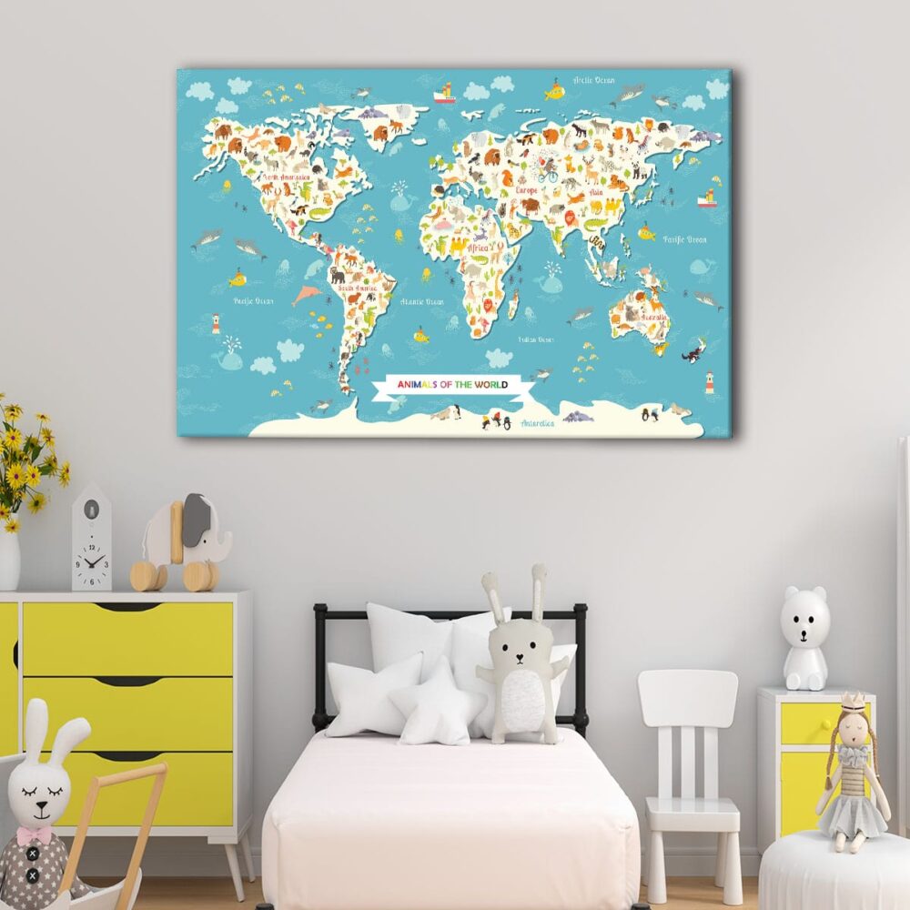 1 panels animals world map kids canvas art