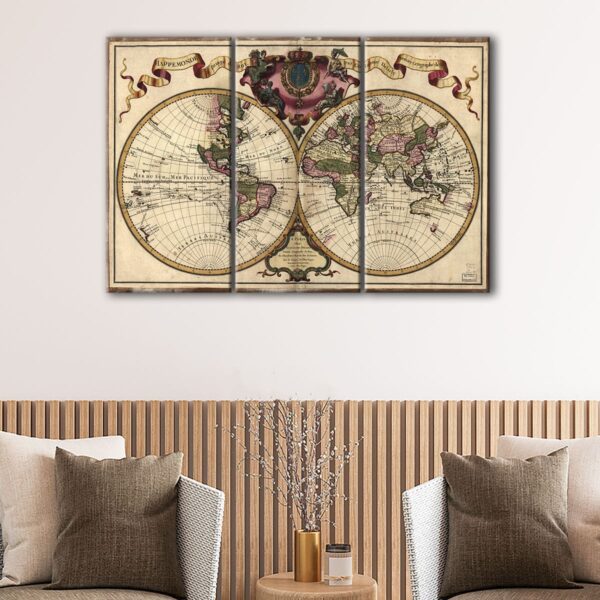 3 panels 1720 old world map canvas art