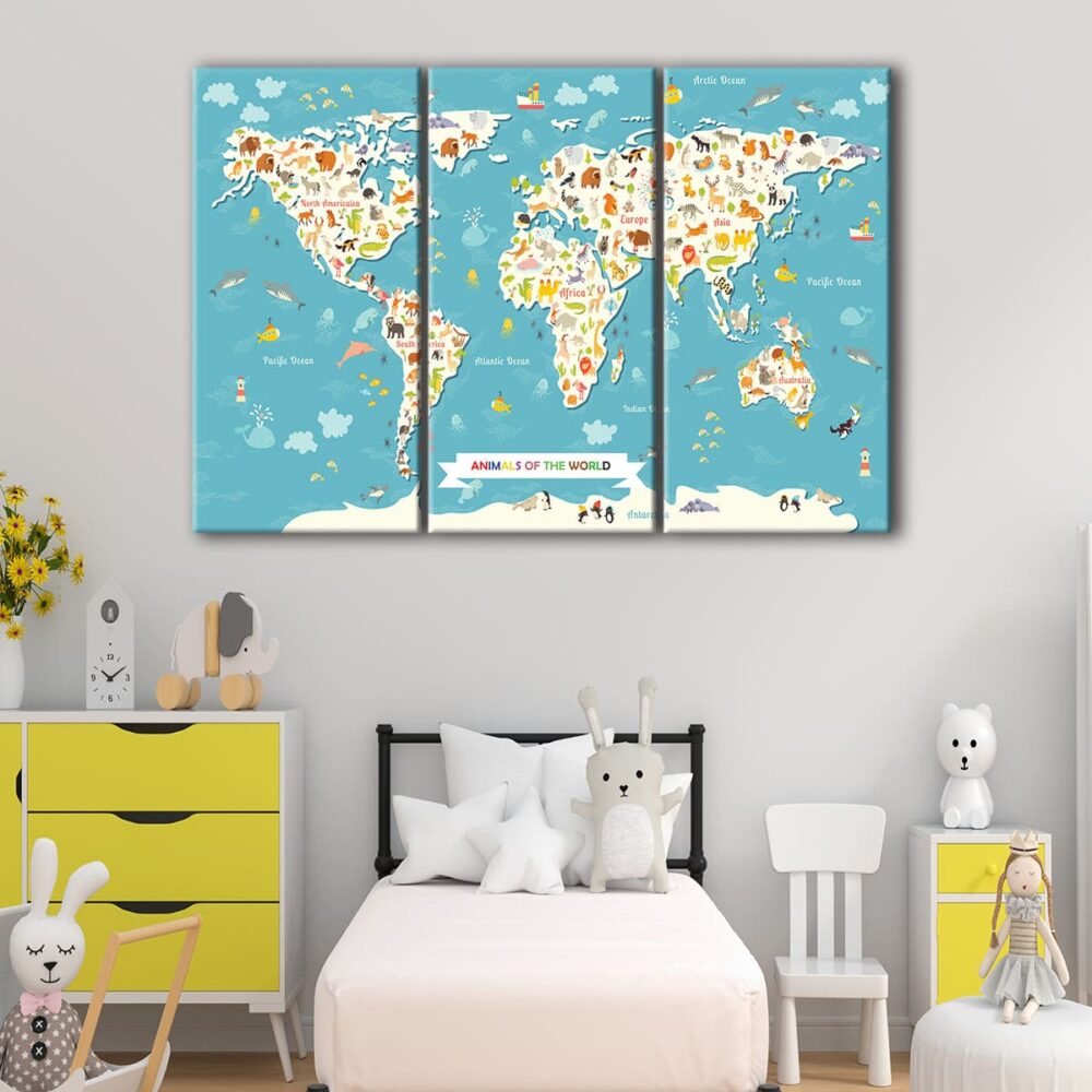 3 panels animals world map kids canvas art