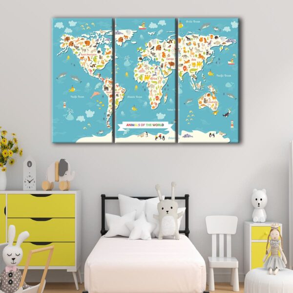 3 panels animals world map kids canvas art