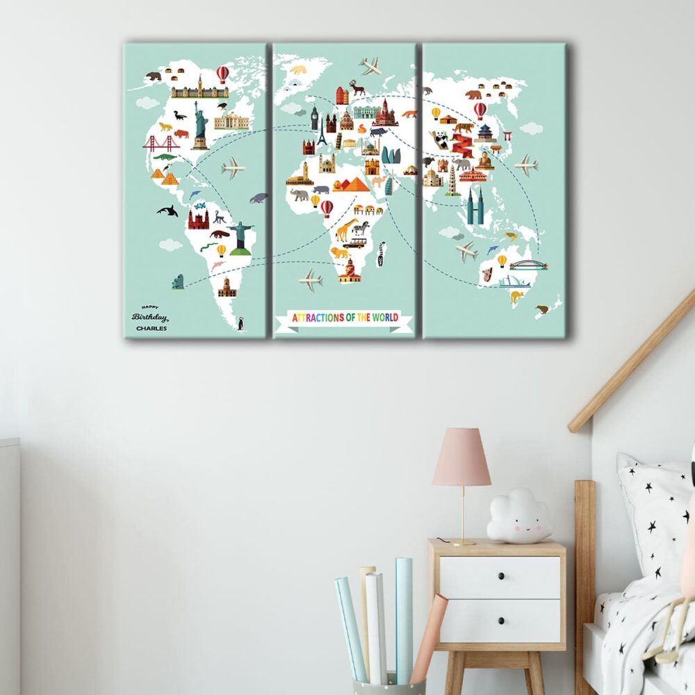 3 panels attractions world map canvas art