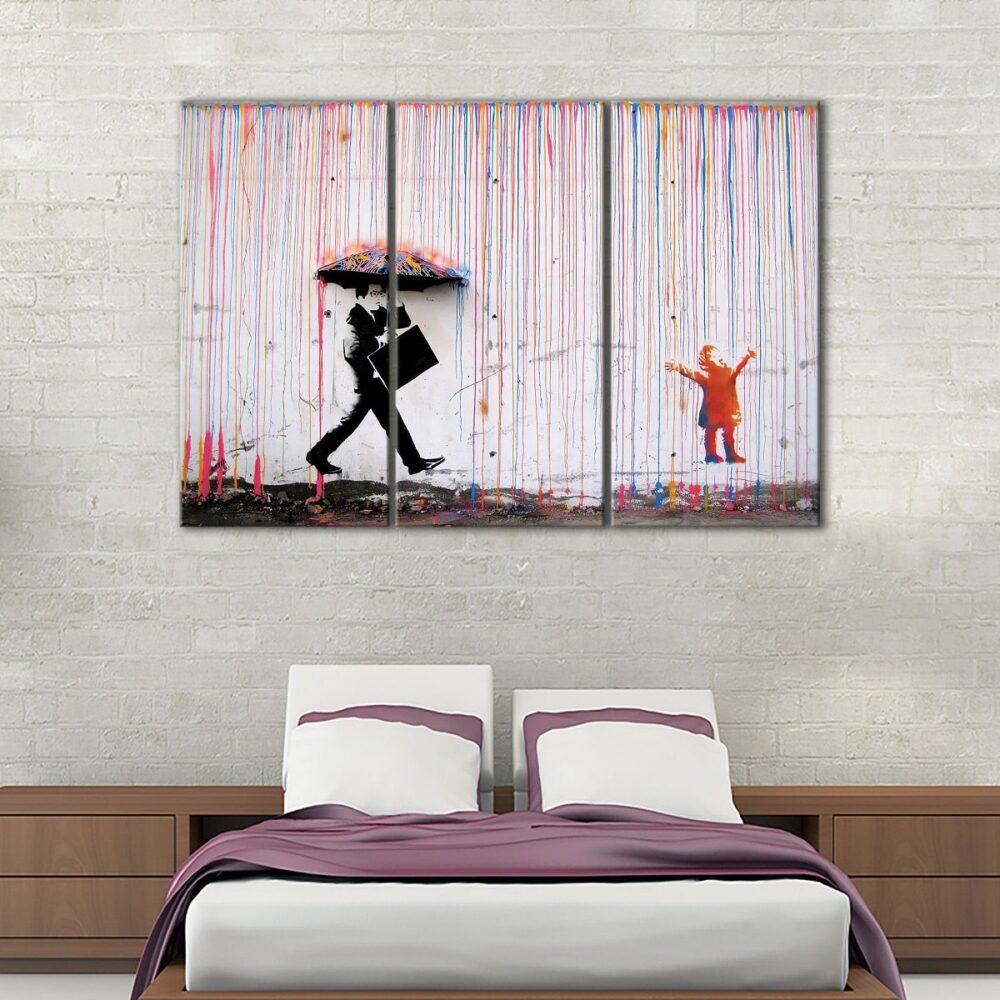 3 panels banksy coloured rain canvas art