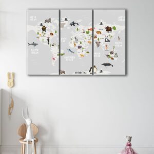 3 panels kids world map canvas art