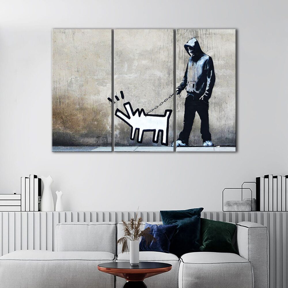 3 panels men with dog canvas art