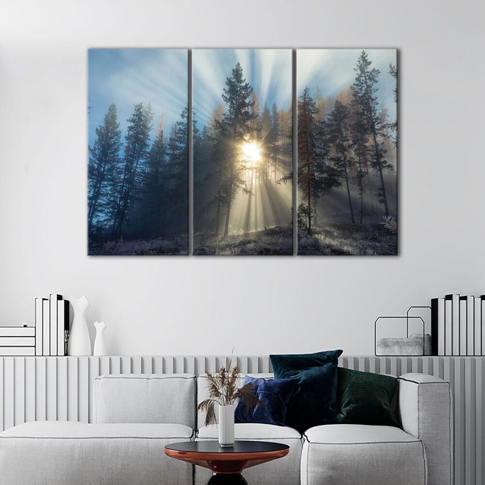 3 panels misty forest sunrise canvas art