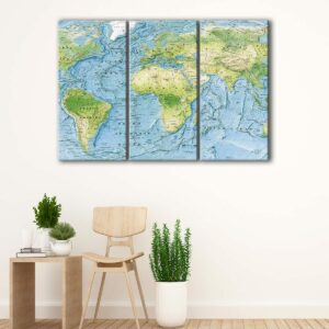 3 panels physical world map canvas art