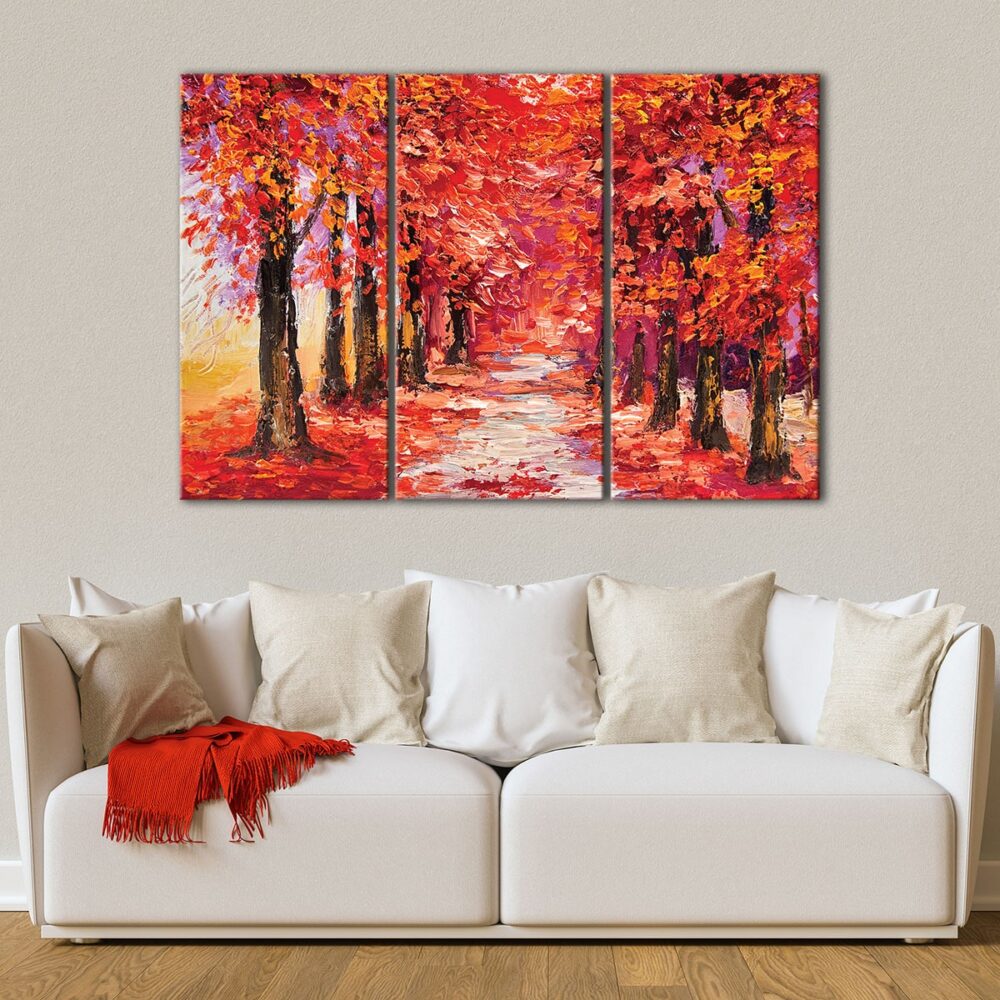 3 panels red forest painting canvas art