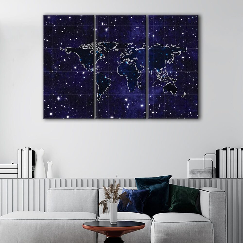 3 panels stars world map canvas art