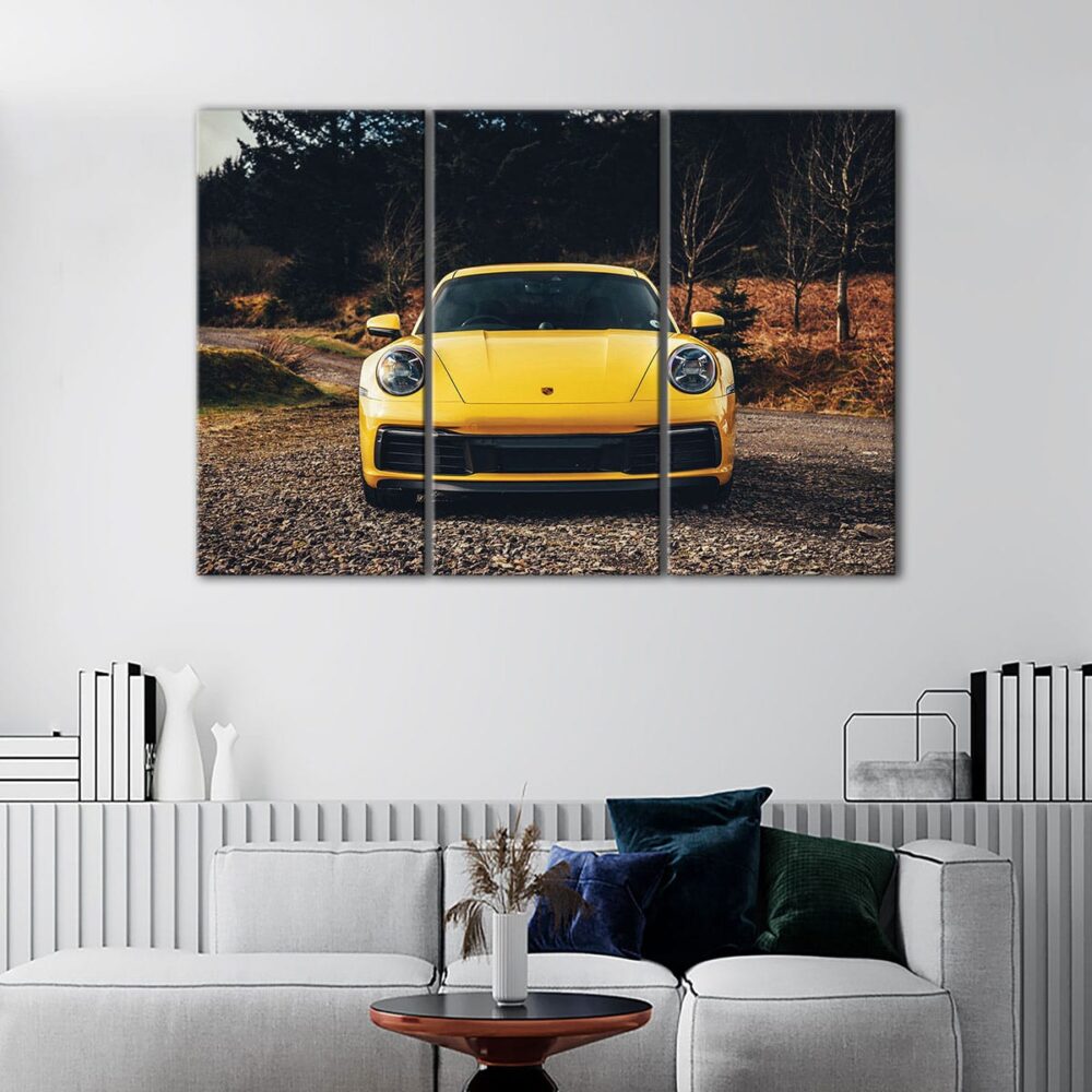 3 panels yellow porshe 911 canvas art