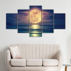 5 panels full moon on water canvas art