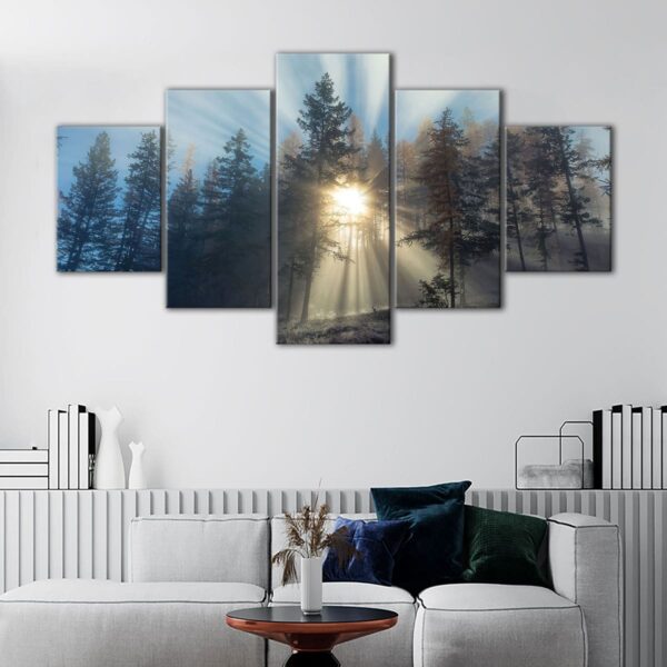 5 panels misty forest sunrise canvas art