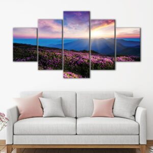 5 panels pink flowers field canvas art