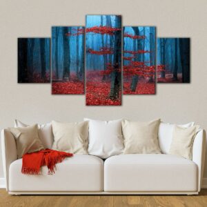 5 panels red blue forest canvas art