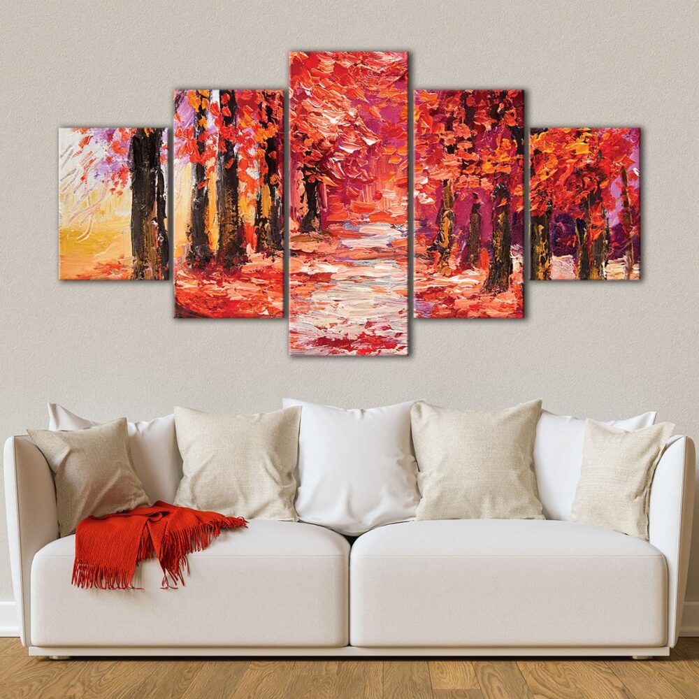 5 panels red forest painting canvas art