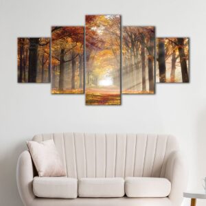 5 panels sun shining through forest canvas art