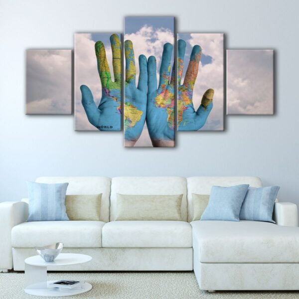 5 panels world in hands canvas art