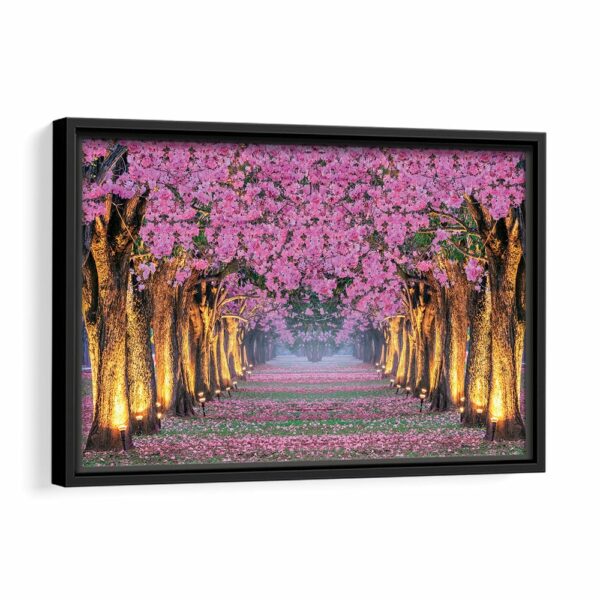 Cherry Blossoms road framed canvas black frame