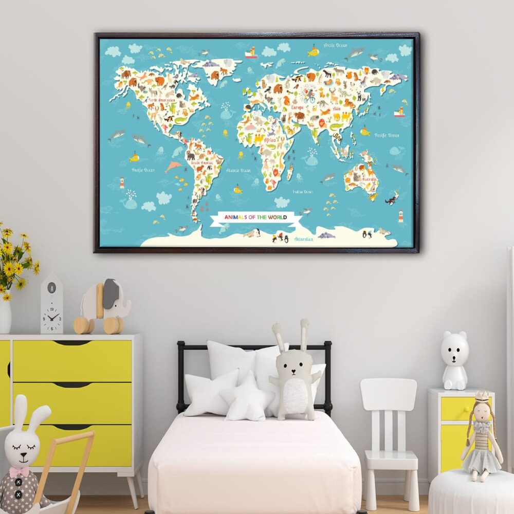 animals world map kids floating frame canvas