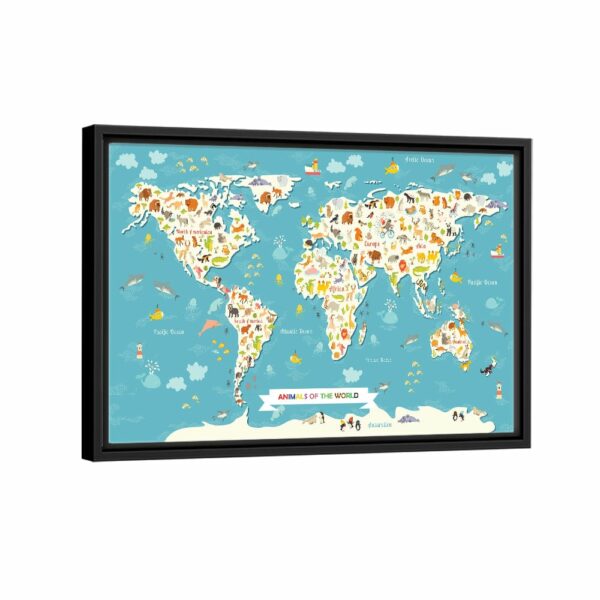 animals world map kids framed canvas black frame