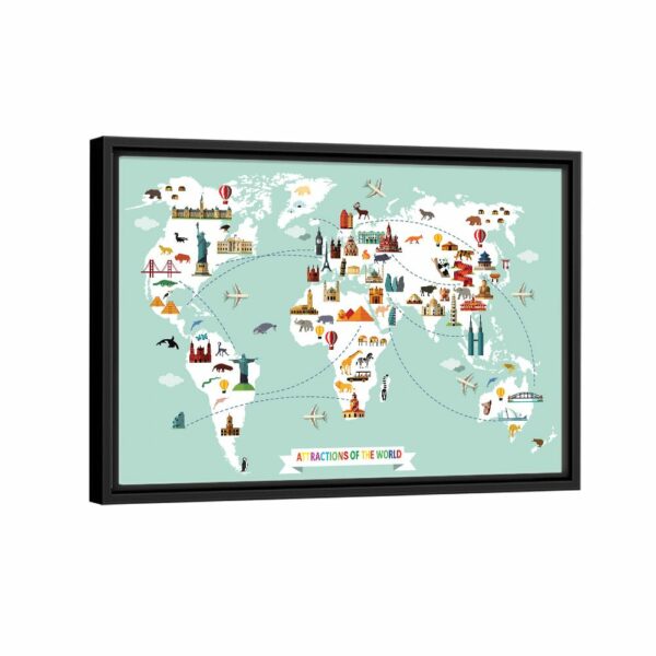 attractions world map framed canvas black frame