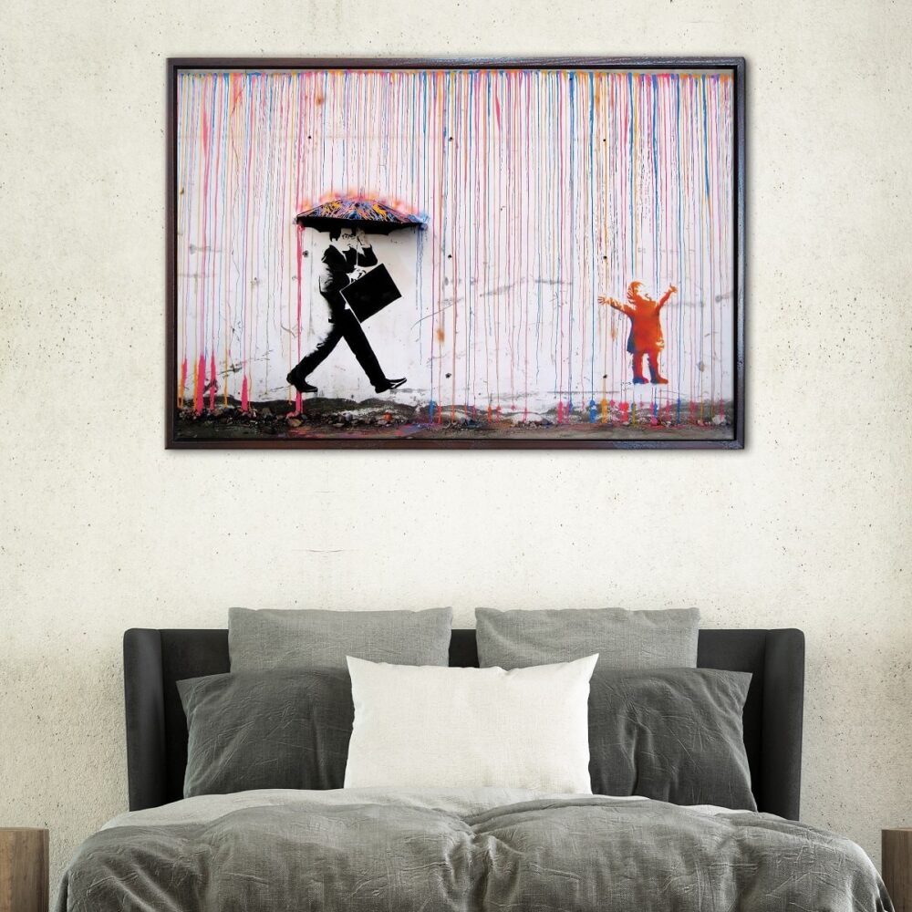 banksy coloured rain floating frame canvas