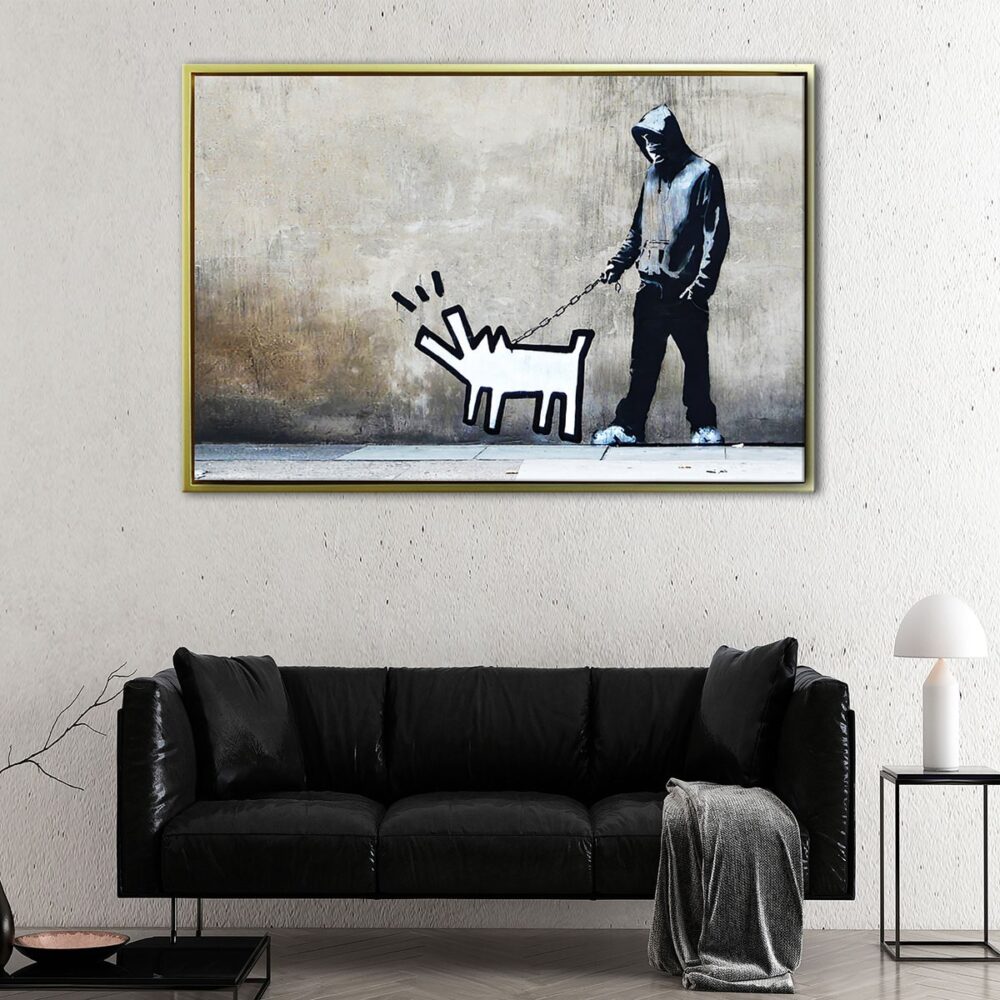 banksy men with dog floating frame canvas