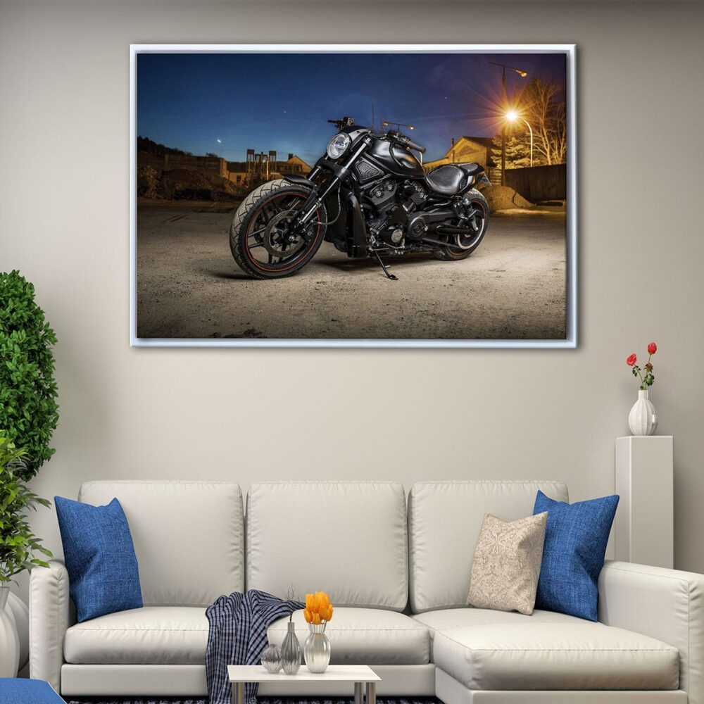 black motorcycle floating frame canvas