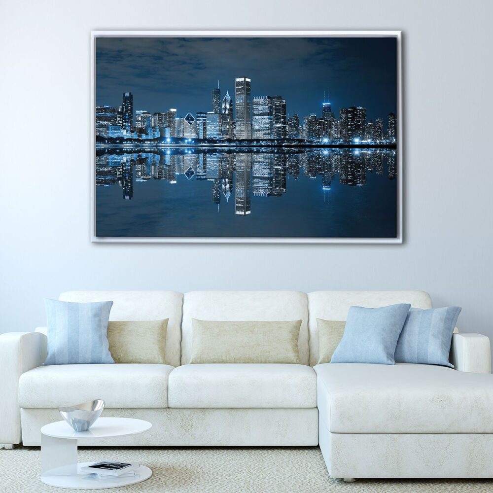 tableau skyline de chicago la nuit avec cadre flottant