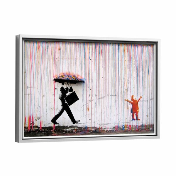 tableau la pluie colorée de banksy avec cadre blanc