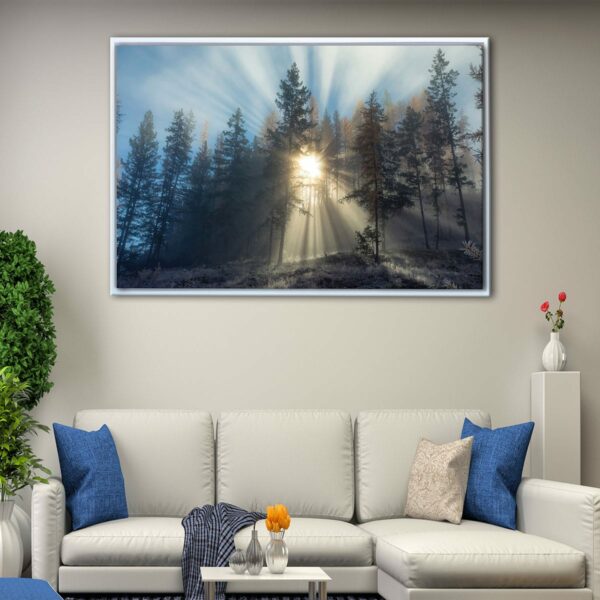 misty forest sunrise floating frame canvas