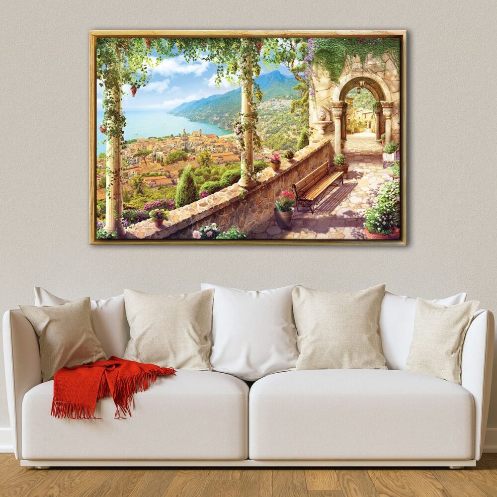 old city beach view floating frame canvas