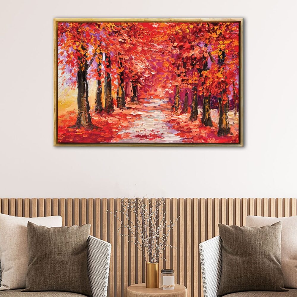 red forest painting floating frame canvas