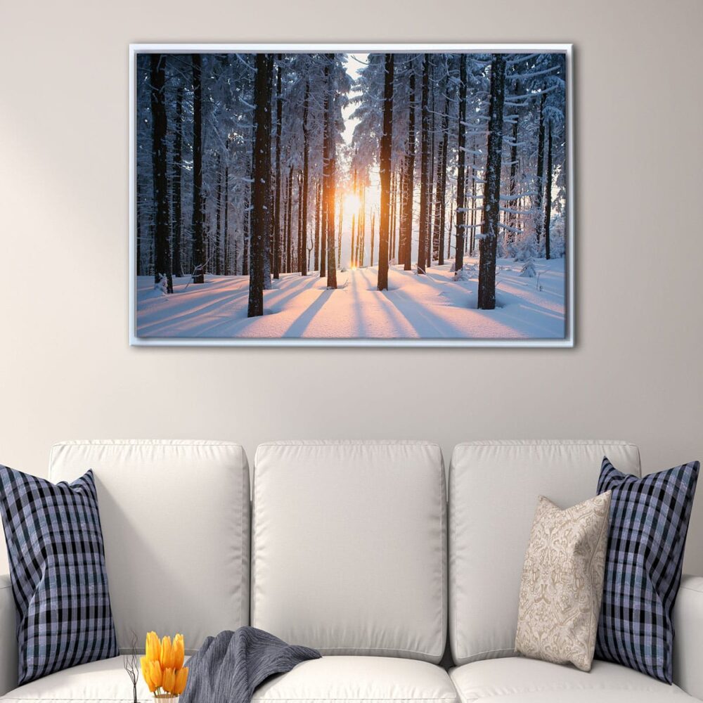 snow forest sunshine floating frame canvas