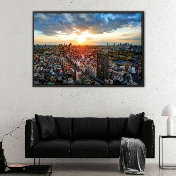 tokyo skyline at sunrise floating frame canvas