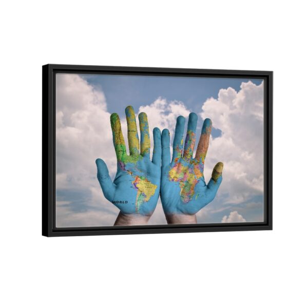 world in hands framed canvas black frame