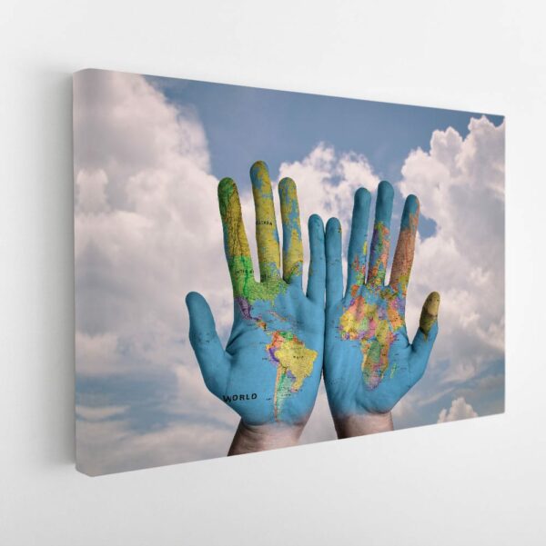 world in hands stretched canvas