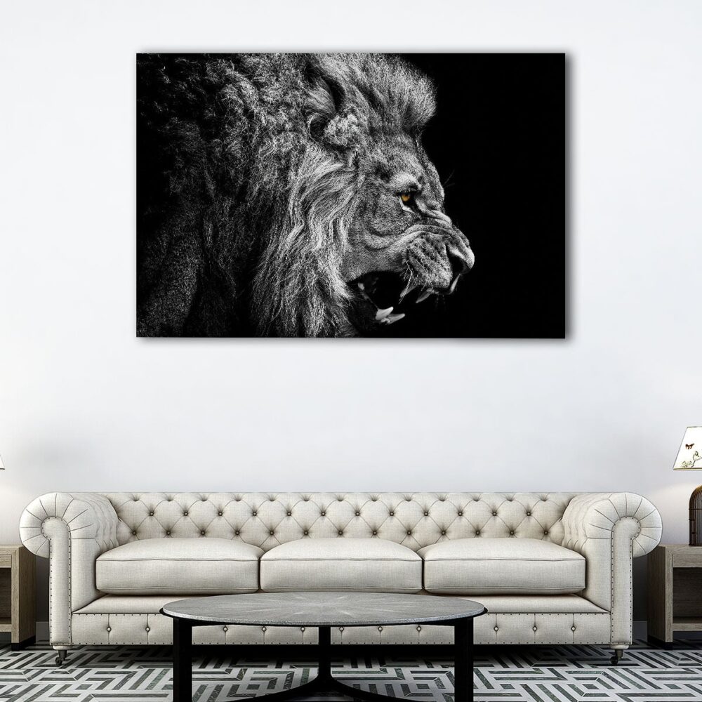 tableau lion en noir et blanc 