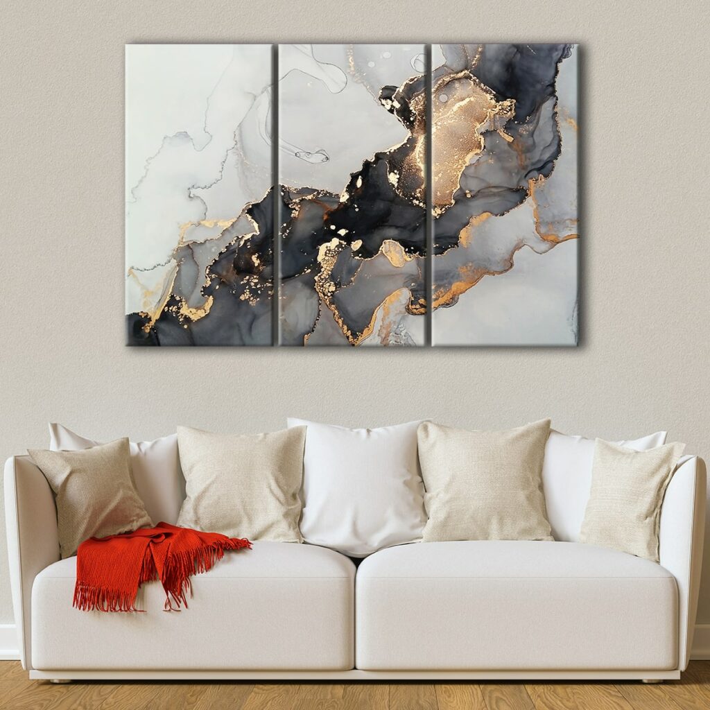 Black and Gold Marble Canvas Art | Large Living Room Wall Art