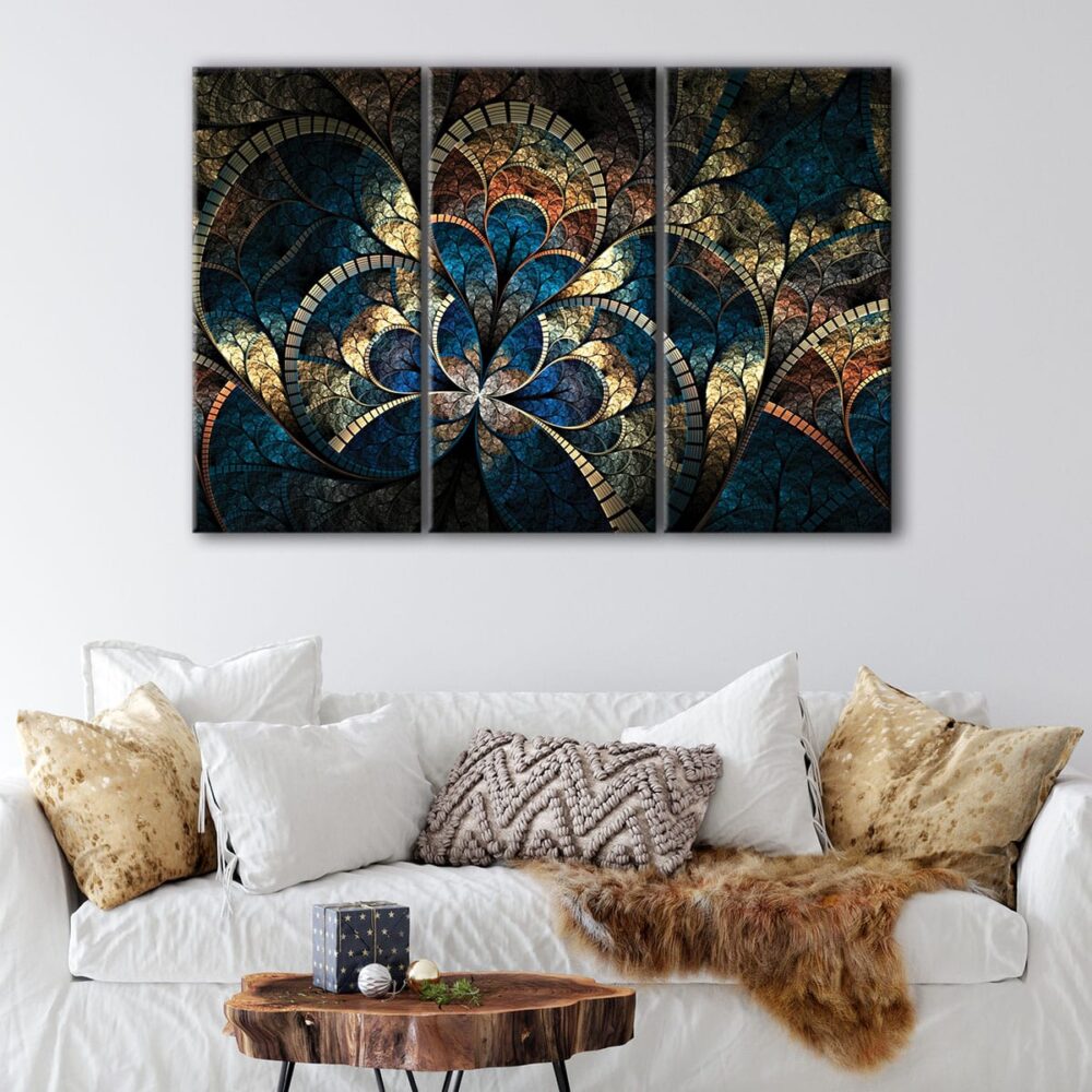 3 panels blue and bronze fracta canvas art