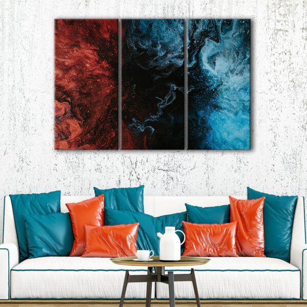 3 panels blue and red marble canvas art