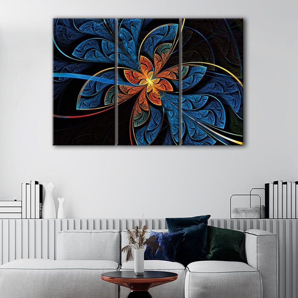 3 panels blue fractal canvas art