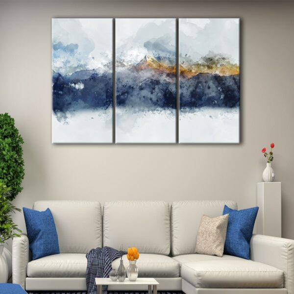 3 panels blue watercolor mountain canvas art