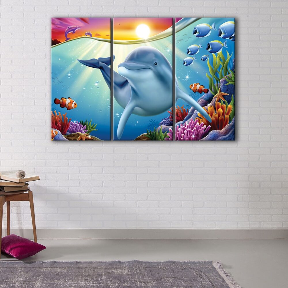 3 panels cartoon dolphin canvas art