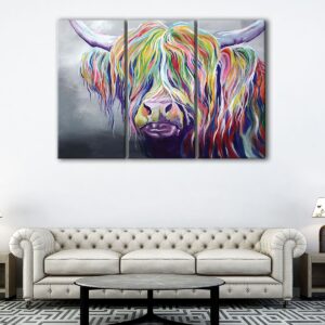 3 panels colorful highland cow canvas art