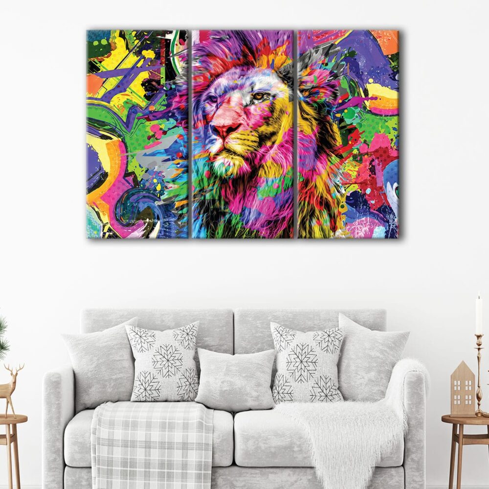 3 panels colorful lion canvas art