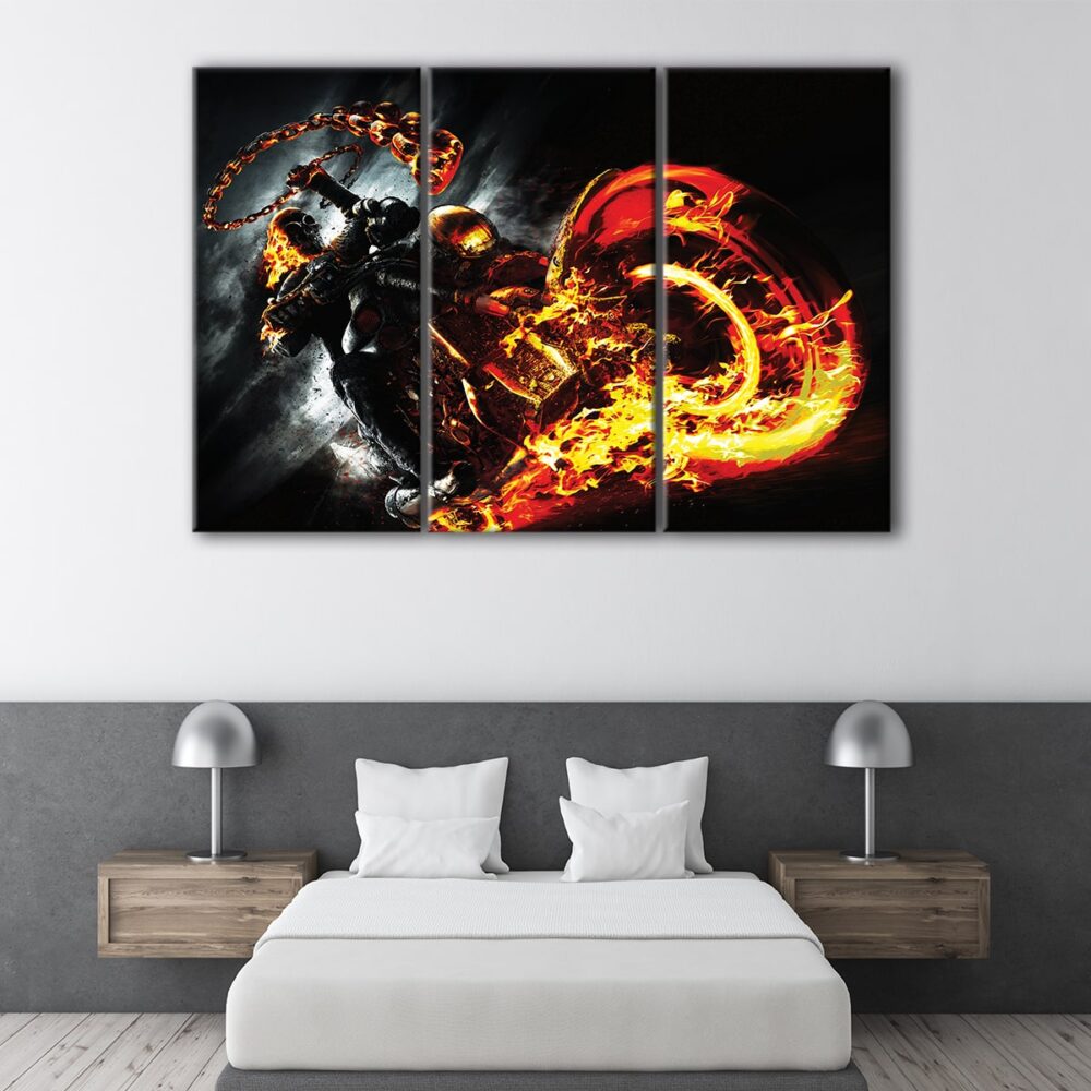 3 panels fire motorcycle canvas art