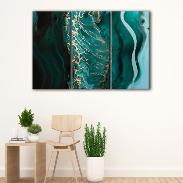 3 panels green marble lines canvas art